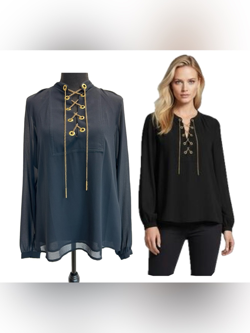 Michael Kors Navy Blue Lace-Up Long-Sleeve Blouse Gold Hardware Sz M